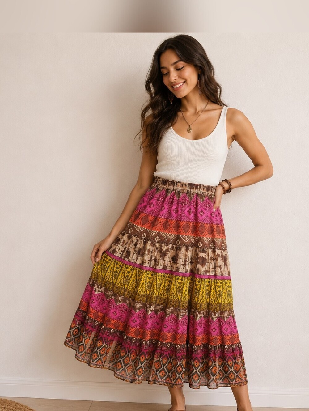 JM Collection Colorful Tiered Bohomian Maxi-Skirt with Sequins, Size 12